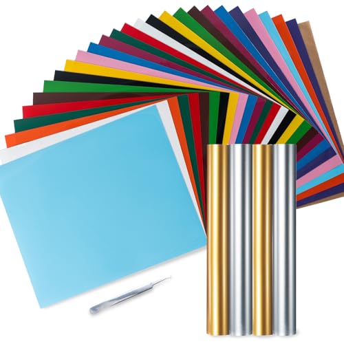 Ohuhu PU Plotterfolie Textil, 30 Stück Leicht zu Schneiden & zu Entgittern, Hohe Elastizität, 26 Klassische Farben 2 Gold 2 Silber Flexfolie Plotter Textil für Cricut, DIY T-Shirts Textilien & Logo von Ohuhu