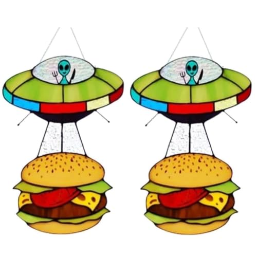 Ohulelks 2 Stück UFO-Entführung EIN Hamburger Buntglas-Sonnenfänger UFO Hamburger Hängender Glas-Sonnenfänger von Ohulelks