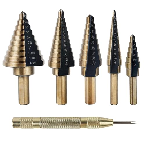 Ohulelks 5-Teiliges Stufenbohrer-Set für Metall, Kunststoff, 50 Größen, Dreiflächiger Schaft, HSS-Stufenbohrer-Set mit Körner von Ohulelks