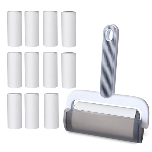 Oiamker Fusselrolle 12 Rollen mit 1 Abroller, Extra Klebrige Fusselrolle Kleidung, Fusselroller für Kleidung, Haare, Katzenhaare, Hundehaare, 60 Blatt/Rollen von Oiamker