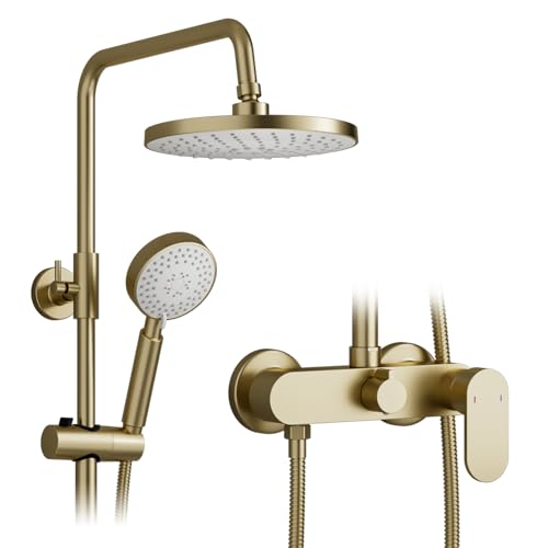 Duschsystem,2-in-1-Wandbrauseset,225 mm runder Regenduschkopf,Retro-Duschsystem in gebürstetem Gold,360° Verstellbarer Regendusche Duschkopf,3 Modus Handbrause,Multifunktions-Duschset für Badezimmer von OihPaw