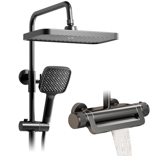 Duschsystem,Duschsäuleset 3in1 mit 330x220mm Regendusche,Duschsystem mit thermostat Pistolengrau,360° Verstellbarer Regendusche Duschkopf,3 Modus Handbrause,Anti Kalk Düsen Duschkopf von OihPaw