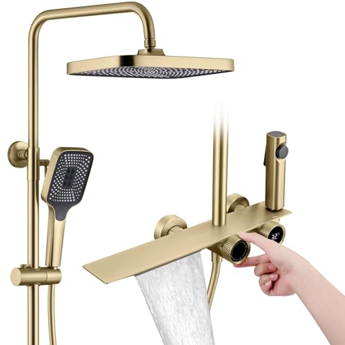 Duschsystem,Duschsystem Mit 315 x 210 mm Regendusche,Retro-Duschsystem in gebürstetem Gold,360° Verstellbarer Regendusche Duschkopf,3 Modus Handbrause,Wandbrauseset Mit Spritzpistole von OihPaw