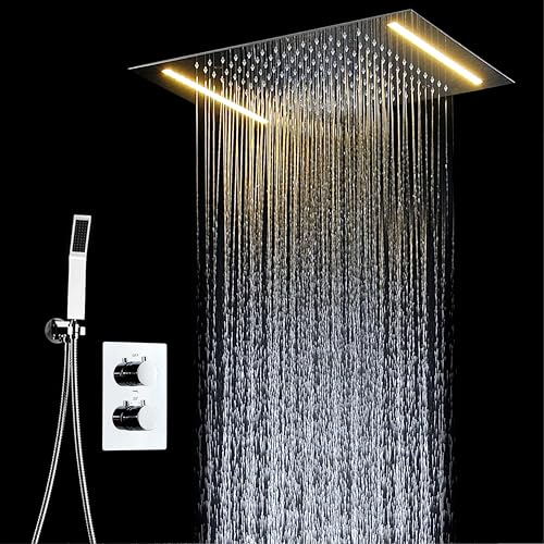Duschsystem,Duschsystem Mit Thermostat,Dual-Mode-Wasserauslass(Kopfbrause Und Handbrause),Ausgestattet Mit Warmgelber Ambientebeleuchtung Duschset,Messing Duscharmatur Komplettset,Chrom Regendusche von OihPaw