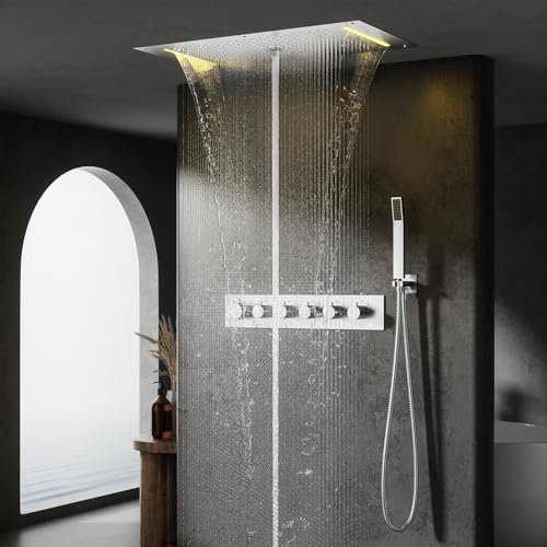 Duschsystem,Duschsystem Mit Thermostat,Multifunktional Duschset Mit Armatur,Mit LED-Licht Duschbrause Regendusche,Kopfbrause Mit Fünf Wasserstrahlmodi,Handbrause,Chrom Duscharmatur Komplettset von OihPaw
