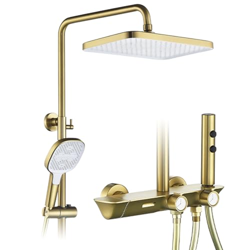 Duschsystem,Gebürstetes Gold Duschsystem mit thermostat,Duschsäuleset 4in1 mit 320x220mm großer Regendusche,Regendusche Duschsystem mit Duschkopf,Regendusche mit Armatur,Duschgarnitur mit regendusche von OihPaw