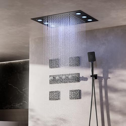 Duschsystem,Multifunktional Duschsystem Mit Thermostat,Unterputz Duscharmatur,Mit LED-Farb Atmosphärenlicht,360×500 MM Kopfbrause,Handbrause,Und 4 Zoll Große Seitenbrause,Schwarz Duschsystem von OihPaw