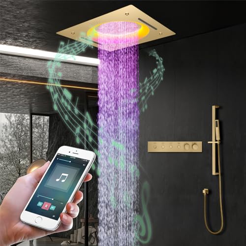 Duschsystem,Multifunktionales Gold Unterputz Dusche,Duschsystem Mit Thermostat,Die 550x550 mm große Kopfbrause verfügt über,Mit LED-Lichtern und Musik,Handbrause,Mit Hebestange und Brauseschlauch von OihPaw