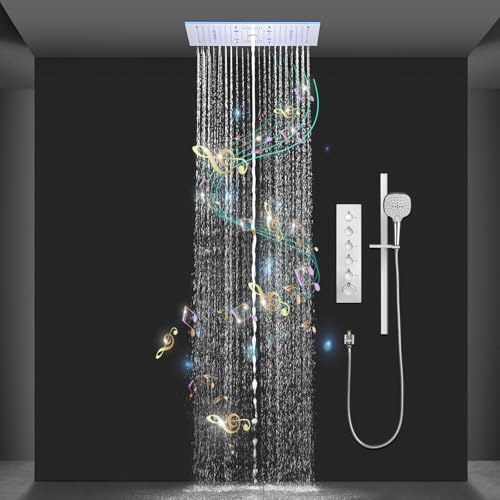 Duschsystem,Multifunktionales Mit Thermostat,Ausgestattet mit einer 600 x 300 mm großen Kopfbrause (5 Wassermodi) und einer Handbrause,Mit LED-Licht und Musik,Chrom Regendusche von OihPaw