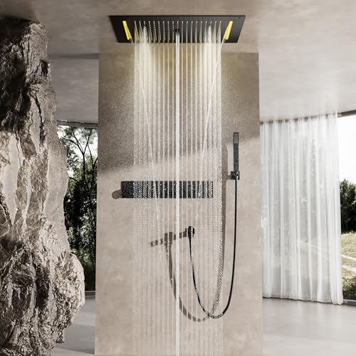Duschsystem Mit Thermostat,Multifunktionale Schwarze Versteckte Dusche,700 X 380 Mm Große Kopfbrause Mit 12 LED-Leuchten Und Fünf Strahlarten,Mit Handbrause Und Unterem Auslauf von OihPaw