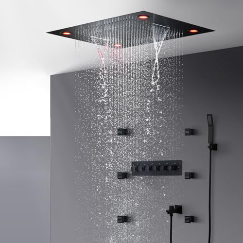 Duschsystem Mit Thermostat,Multifunktionales Schwarz Unterputz Dusche,600x800mm Kopfbrause Verfügt Über Vier Wasserstrahlmodi,Mit 6x2zoll Massage-Körperdüsen,Mit Duschsäuleset Handbrause Und Unterer von OihPaw