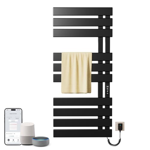 Elektrischer Badheizkörper,500 x 1100 mm WIFI Handtuchheizkörper Elektrisch,An der Wand montierter Badheizkörper Elektrisch,Heizkörper Bad,Kompatibel Google Home und App Steuerung (Schwarz, Rechts) von OihPaw