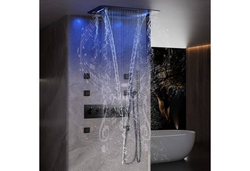 Oihpaw Duschsystem mit Thermostat, Musikalisches LED Duschset mit 64 Farben, 2 Strahlart(en), mit Handbrause und 2 Zoll Große Seitenbrause, 580 x 380 mm von Oihpaw