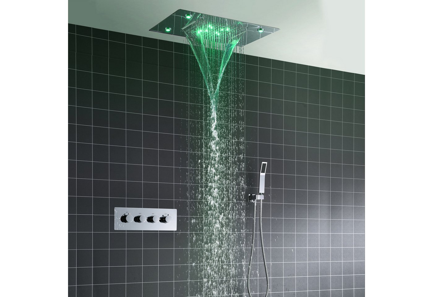 Oihpaw Duschsystem mit Thermostat, mit LED-Regendusche (500 x 360 mm), 3 Strahlart(en), 3 Strahlarten, Handbrause & Chrom-Armatur von Oihpaw