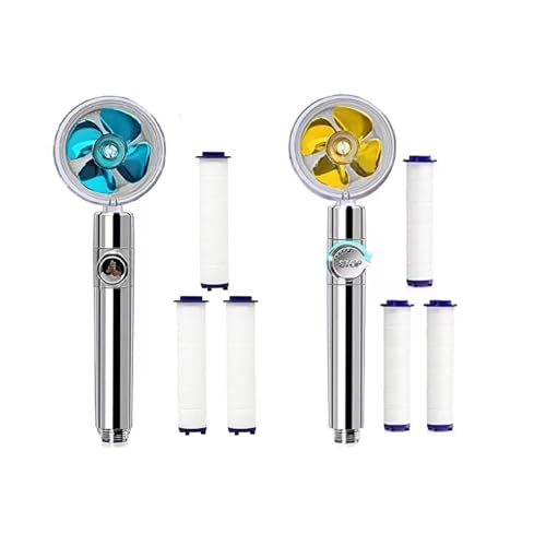 Oiieco 2 Stück Propeller Duschkopf 360° Drehbare mit 6 Stück Filter Brausekopf Dusche Wassersparender Druckerhöhender Duschkopf (Gold + Blau) von Oiieco