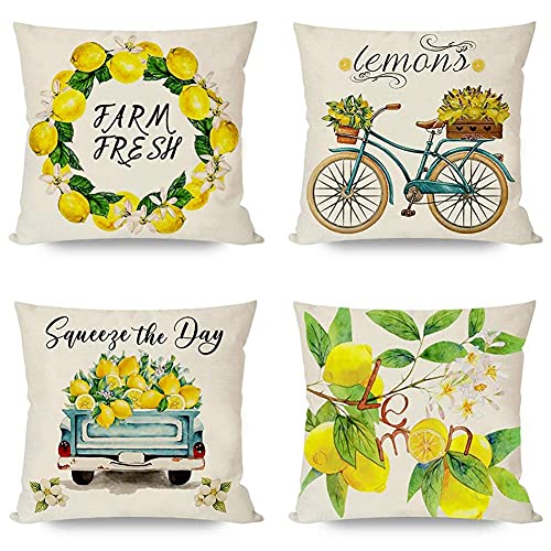 Oikabio Sommer Lemon Kissen BezüGe 18X18 Set mit 4, FrüHling Kissen BezüGe, Bauernhaus Dekorativer Kissen Bezug, Für Couch von Oikabio