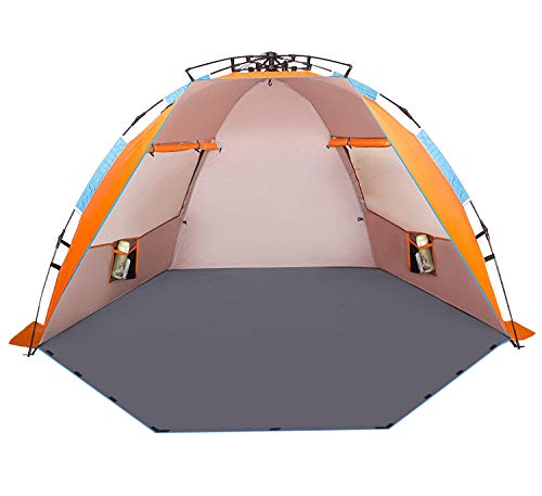 Oileus X-Large Strandzelt für 4 Personen – tragbares Sonnenschutzzelt für den Strand mit Tragetasche, Heringe, 6 Sandtaschen, Anti-UV zum Angeln, Wandern, Camping, wasserdicht, Winddicht, Orange von Oileus
