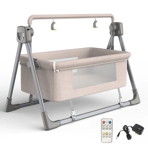 Oiyekntd Elektrisches Baby-Schaukelbett, 3-Gang-Mikrowellen-verstellbares Schaukelbett, zusammenklappbarer Kinderbettkorb mit Bluetooth-Musik für Neugeborene, Timing,Khaki von Oiyekntd