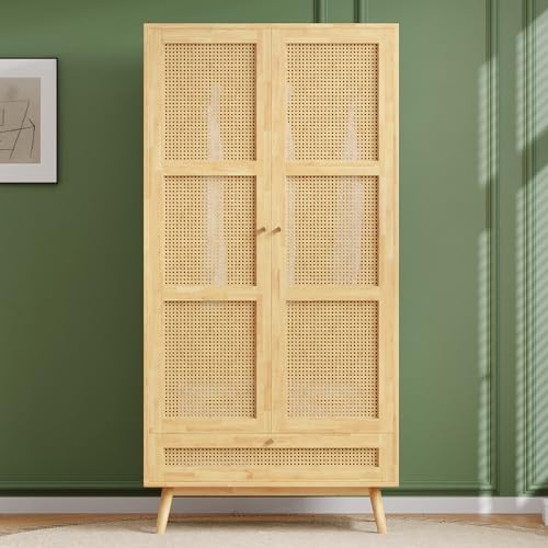 Ojiuboo,Doppeltüriger Kleiderschrank mit Kleiderstange und Klappdeckel, Schlafzimmer- und Wohnzimmerschrank, Spanplatte + PE-Rattan, Naturfarbe, 90 x 45 x 183 cm von Ojiuboo
