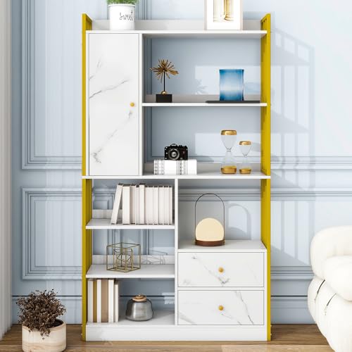 Ojiuboo,Vertikales Bücherregal mit 6 Böden, Türen und Schubladen, Stahlregal im Industrie-Stil, weiß marmorierte Paneele und goldfarbener Metallrahmen, weiß und goldfarben von Ojiuboo
