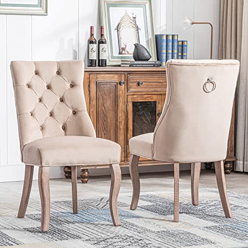 Ojiuboo 4-Fußstuhl, Stuhl Beige Samt Esszimmerstuhl,hohe Rückenlehne, mit Knopfsteppung, Gestell aus Massivholz, Beige(Set, 6 St) von Ojiuboo