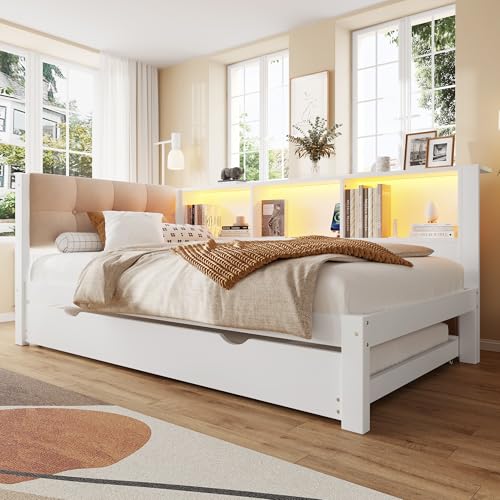 Ojiuboo Daybed, Schlafsofa aus Kiefernholz, Einzelbett (ohne Matratze), mit Ausziehbett, dimmbarer LED-Lichtleiste, praktischer Ablage, USB-Anschluss, 90x200cm weiß von Ojiuboo