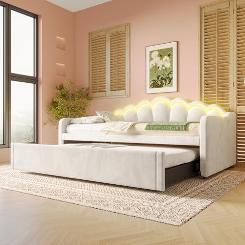 Ojiuboo Daybed/Schlafsofa mit Ausziehbett, Einzel-/Doppelbett (Matratze Nicht inklusive), Samtstoff, farbwechselnde LED-Lichtleiste, 90x200 cm (180x200 cm im ausgeklappten Zustand) (Beige) von Ojiuboo