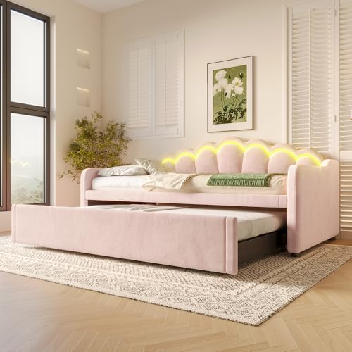 Ojiuboo Daybed/Schlafsofa mit Ausziehbett, Einzel-/Doppelbett (Matratze Nicht inklusive), Samtstoff, farbwechselnde LED-Lichtleiste, 90x200 cm (180x200 cm im ausgeklappten Zustand) (Pink) von Ojiuboo