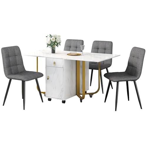 Ojiuboo Esstisch-Set mit 4 Stühlen, ausziehbarer Klapptisch, MDF-Tischplatte + Metallbeine, Leinenpolsterstühle, geeignet für Wohn-/Esszimmer, 150 x 80 x 76 cm (Weiß + Gold + Grau) von Ojiuboo