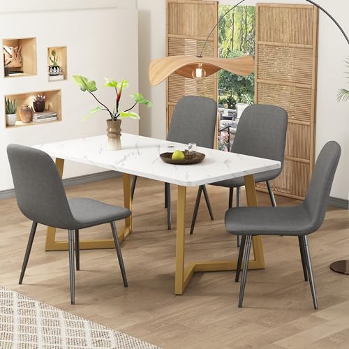 Ojiuboo Fünfteiliges Esstisch-Set, Esstisch mit Vier Stühlen, modernes Esszimmer-Set, graue Leinenstühle mit Rückenlehne, weiße MDF-Tischplatte, Metallbeine, 117 x 68 x 75 cm (Wit + Goud + Grijs) von Ojiuboo