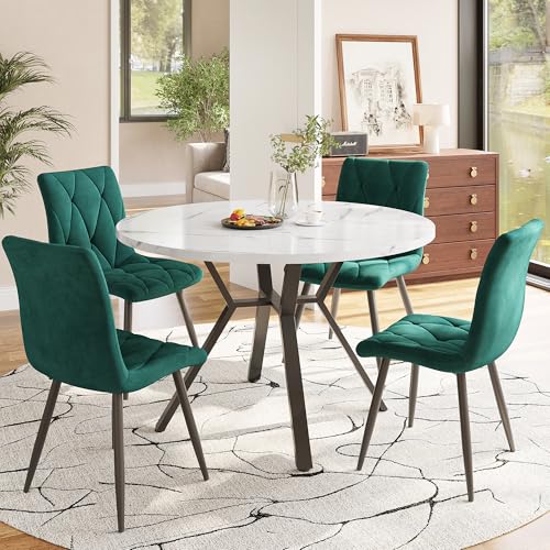 Ojiuboo Fünfteiliges Esstisch- und Stuhlset, runder Esstisch in Marmoroptik + Vier grüne Wildlederstühle mit schwarzen Metallbeinen, modernes Esszimmermöbel, 100 x 100 x 75 cm von Ojiuboo