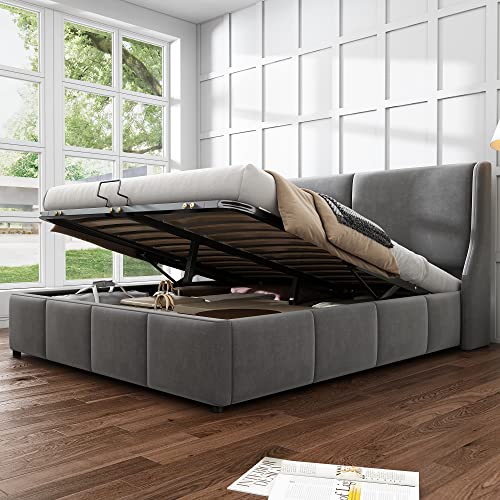 Ojiuboo Gepolstertes Doppelbett, multifunktionales elektrisches Bett mit Ohrenlehne und Kopfstütze, Samtstoff, modernes Schlafzimmermöbel, 140 x 200 cm, grau von Ojiuboo
