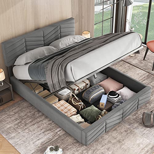 Ojiuboo Gestreiftes Doppelbett, modernes Funktionsbett, Samtstoff, verstellbares Kopfteil, Schlafzimmermöbel mit Stauraum, grau, 140 x 200 cm von Ojiuboo