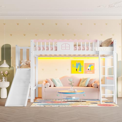 Ojiuboo Hochbett, EN747 zertifiziertes Kinderbett, Einzelbett (ohne Matratze), mit LED-Licht, Regal, Rutsche, Kiefernholz, 90x200cm weiß von Ojiuboo