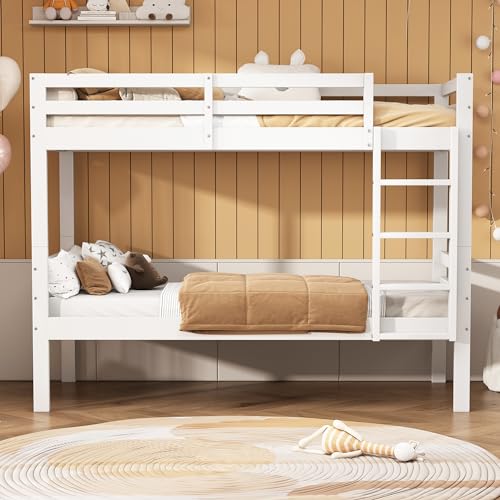 Ojiuboo Kinder-Etagenbett, Kinderbett mit 3-Stufen-Eckleiter und Absturzsicherung, Bett geteilt in 2 Einzelbetten, Jugendbett, Einzelbett, Gestell Kiefer, weiß, 90x200 cm von Ojiuboo