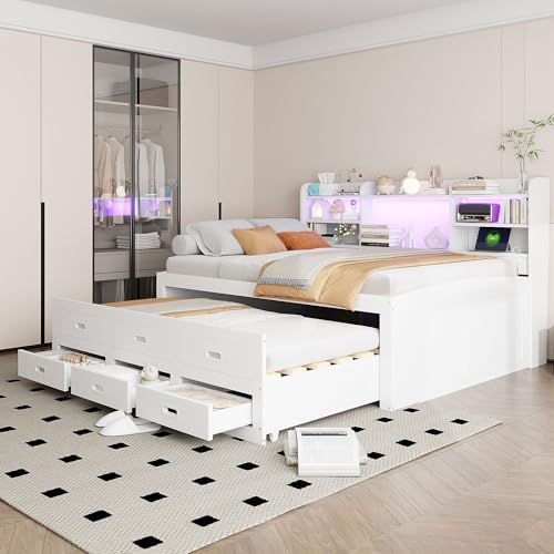 Ojiuboo Multifunktionales Ausziehsofa, Bett im japanischen Stil, Schlafsofa mit LED-Fernbedienungslicht, USB + Typ-C, 3 Aufbewahrungsschubladen, geeignet für Wohn-/Schlafzimmer (140cm*200cm) von Ojiuboo
