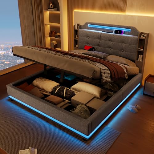 Ojiuboo Polsterbett mit LED-Lichtleiste, hydraulischem Stauraum, Mehreren Fächern, USB- und Typ-C-Schnellladeanschluss, Leinen-Polsterbettrahmen, Matratze Nicht enthalten, 140 x 200 cm (Grau) von Ojiuboo