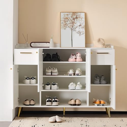 Ojiuboo Schuhschrank, Schuhregal mit 2 Schubladen und 4 Türen, Metallfüße, Maße: B130/W37/H100, weiß von Ojiuboo