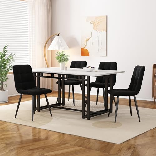 Ojiuboo Schwarzer Esstisch mit Vier Stühlen, moderner Küchentisch mit dunkelgrünen Samtstühlen, schwarzer Tisch mit Eisenbeinen, 120 x 70 x 74 cm (Weiß + Schwarz + Schwarz) von Ojiuboo