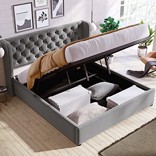 Ojiuboo Weiches Doppelbett aus Samt mit Ohrensteppung und großen Knöpfen, Stauraumbett mit hydraulischer Hubfunktion, Antifouling-Unterlage und verstärkten Lattenrosten, grau, 140 x 200 cm von Ojiuboo