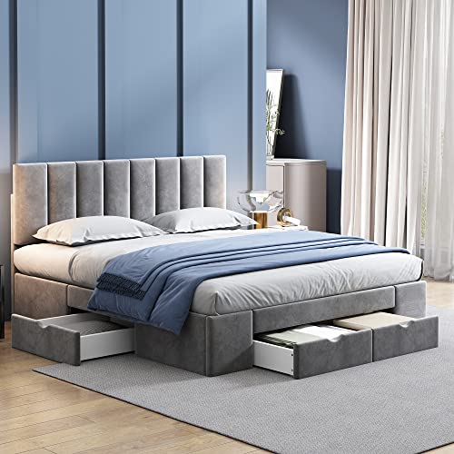 Ojiuboo Wildleder-Polsterbett, Queensize-Doppelbett mit Rückenlehne und 4 Schubladen, modernes Schlafzimmerbett mit Lattenrost, grau, 160 x 200 cm von Ojiuboo