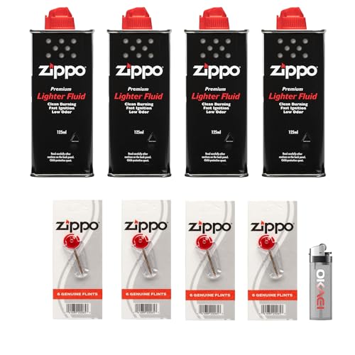 OKAEI Feuerzeug Set – 4 x Zippo Benzin & 4 x Feuerstein Zubehör für Sturmfeuerzeuge – Benzinfeuerzeug von Okaei