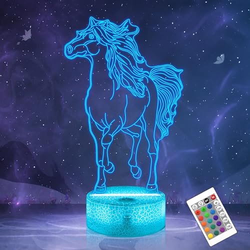 OkiyiD Pferd Geschenke für Mädchen, Pferd 3D Illusion Lampe Pferd Nachtlicht mit Fernbedienung + Touch 16 Farbwechsel + Timer Schreibtischlampen für Mädchen Zimmerdekor (Pferd 3) von OkiyiD