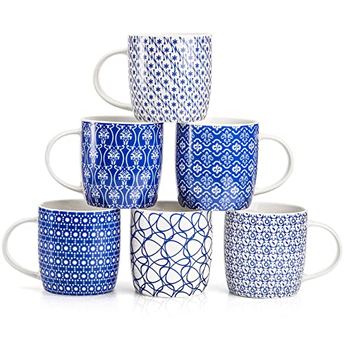 Okllen 6 Pack 360 ml Kaffeebecher mit Geometrischen Mustern, Keramik Kaffeebecher Stilvolle Teetassenbecher Set Geschenk für Latte, Cappuccino, Milch, Wasser, Kakao, Müsli, Blau und Weiß von Okllen