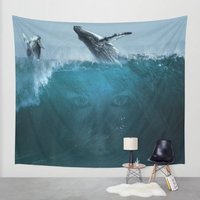 Wale Und Der Ozean Wand Wandteppich, Fantasy Seelandschaft Dekor, Ozean Wandteppich, Digitale Wandkunst von OkopipiDesign