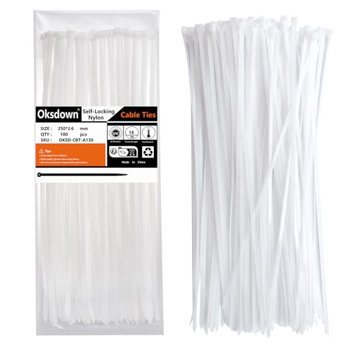 Oksdown 100 Stück 250mm × 3,6mm Weiß Kabelbinder mit 18 kg Zugfestigkeit UV-Beständig Nylon Kunststoff Selbstsichernder Multifunktionaler Cable Zip Ties von Oksdown