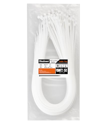 Oksdown 100 Stück 600mm × 4,8mm Weiß Kabelbinder mit 22 kg Zugfestigkeit UV-Beständig Lang Nylon Kunststoff Selbstsichernder Multifunktionaler Cable Zip Ties von Oksdown