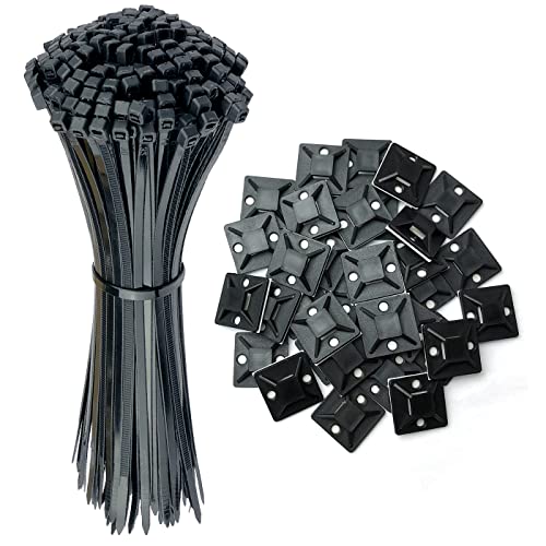 Oksdown 100 Stück Kabelbinder schwarz 250×3.6mm Lang Nylon Kunststoff groß Cable Zip Ties 60 Stück Starke Montagesockel Klebesockel Schraubsockel 25 x 25 mm Kabel Binder Set Kabelband Kabelmanagement von Oksdown