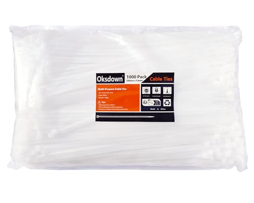 Oksdown 1000 Stück 250mm × 3,6mm Weiß Kabelbinder mit 18 kg Zugfestigkeit UV-Beständig Nylon Kunststoff Selbstsichernder Multifunktionaler Cable Zip Ties von Oksdown