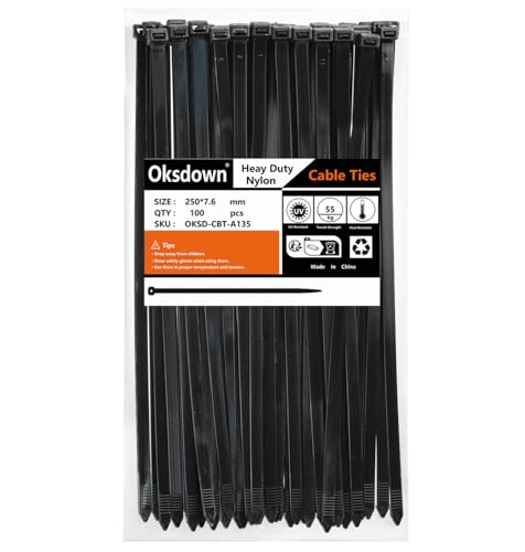 Oksdown Kabelbinder Schwarz 250mm × 7,6mm 100 Stück UV Beständig Nylon mit 55 kg Zugfestigkeit Extra Stark Groß Kunststoff Selbstsichernder Kabelbinder für Industrie, Gartenbau, Kabelindustrie Oksdown Kabelbinder Schwarz 250mm × 7,6mm 100 Stück UV Beständig Nylon mit 55 kg Zugfestigkeit Extra Stark Groß Kunststoff Selbstsichernder Kabelbinder für Industrie, Gartenbau, Kabelindustrie von Oksdown
